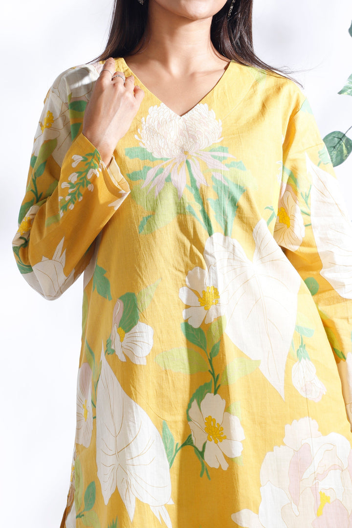 Basant Yellow Floral Print Cotton Long Kurta Co-ord Set | SHOBITAM