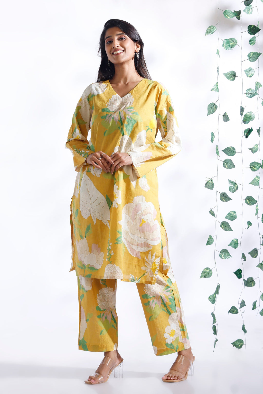 Basant Yellow Floral Print Cotton Long Kurta Co-ord Set | SHOBITAM