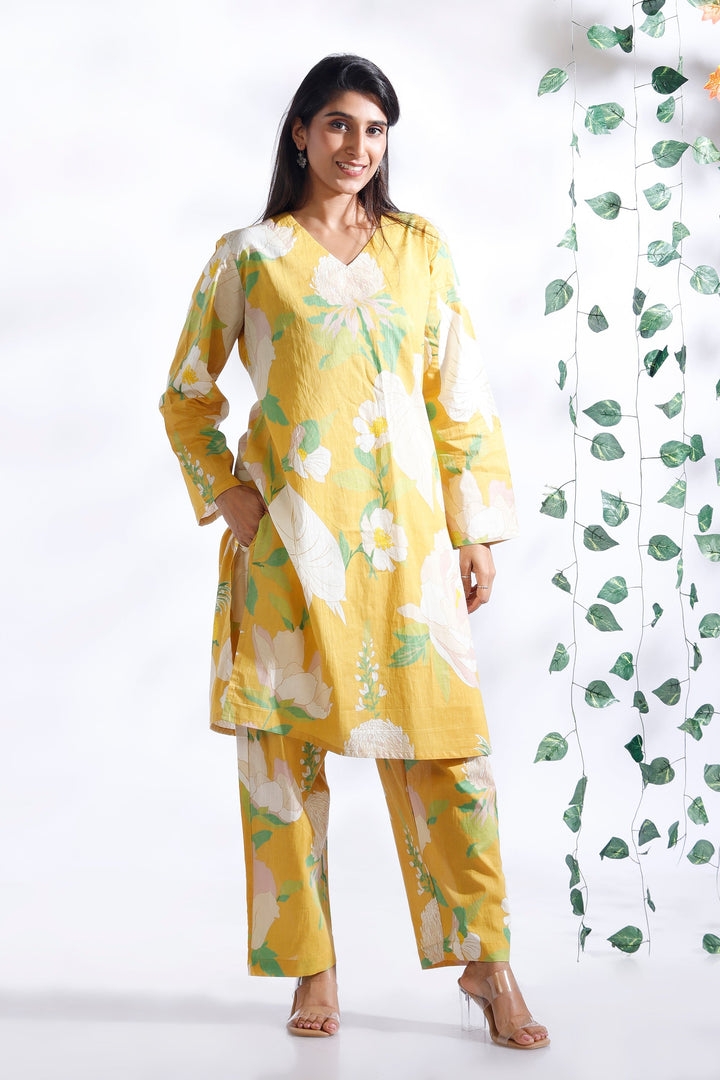 Basant Yellow Floral Print Cotton Long Kurta Co-ord Set | SHOBITAM
