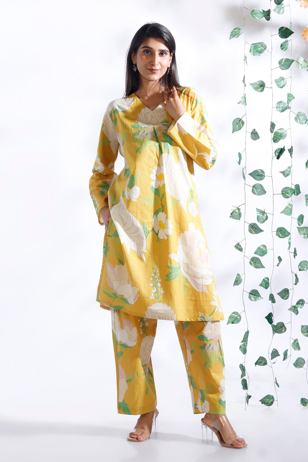 Basant Yellow Floral Print Cotton Long Kurta Co-ord Set | SHOBITAM