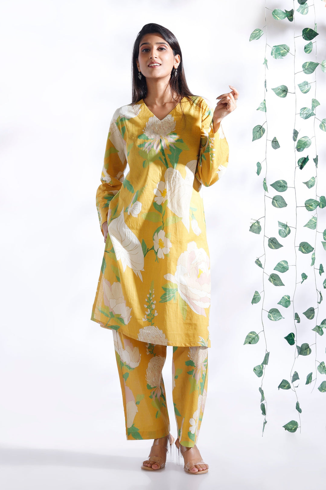 Basant Yellow Floral Print Cotton Long Kurta Co-ord Set | SHOBITAM