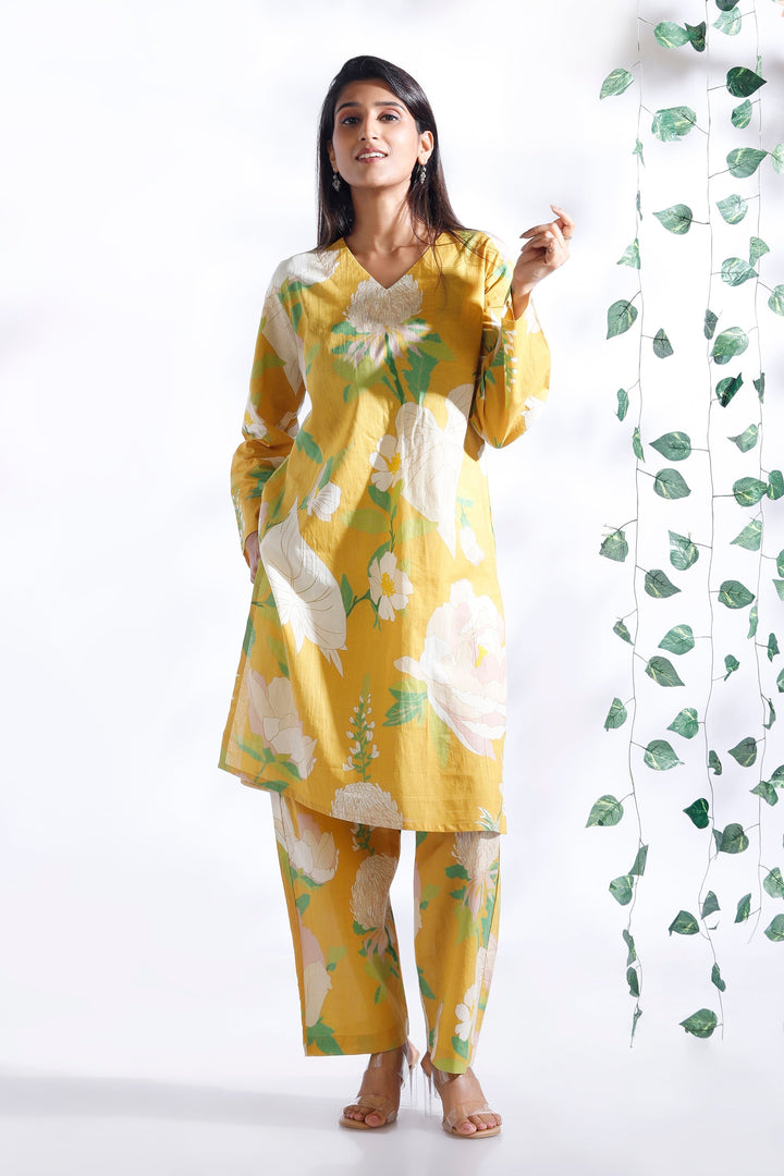 Basant Yellow Floral Print Cotton Long Kurta Co-ord Set | SHOBITAM
