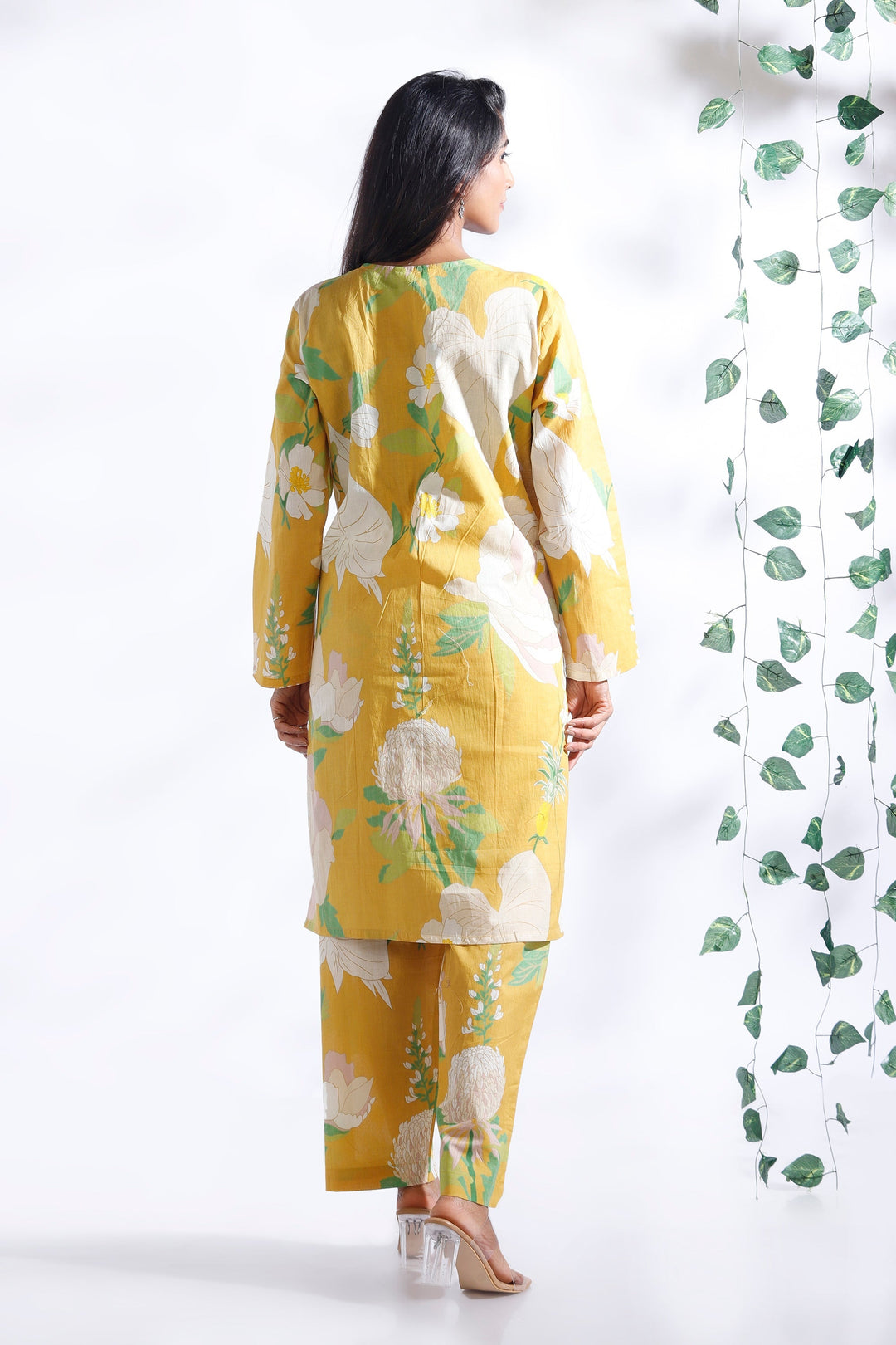 Basant Yellow Floral Print Cotton Long Kurta Co-ord Set | SHOBITAM