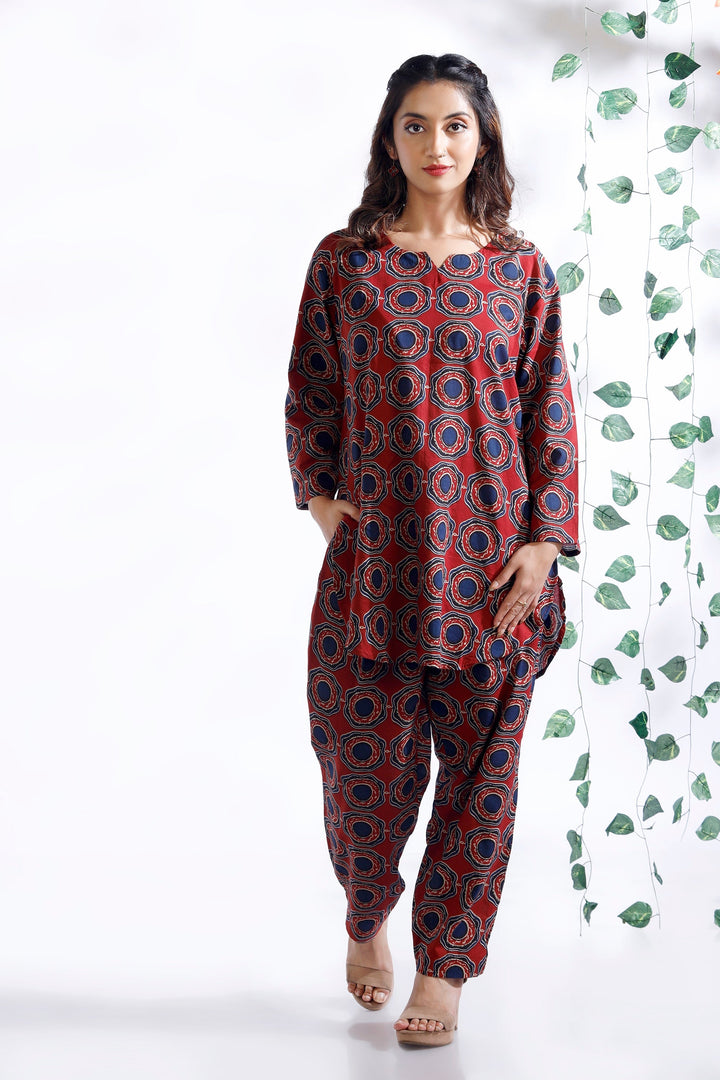 Hibiscus Red Cotton Abstract Print Loungewear Co-ord Set | SHOBITAM