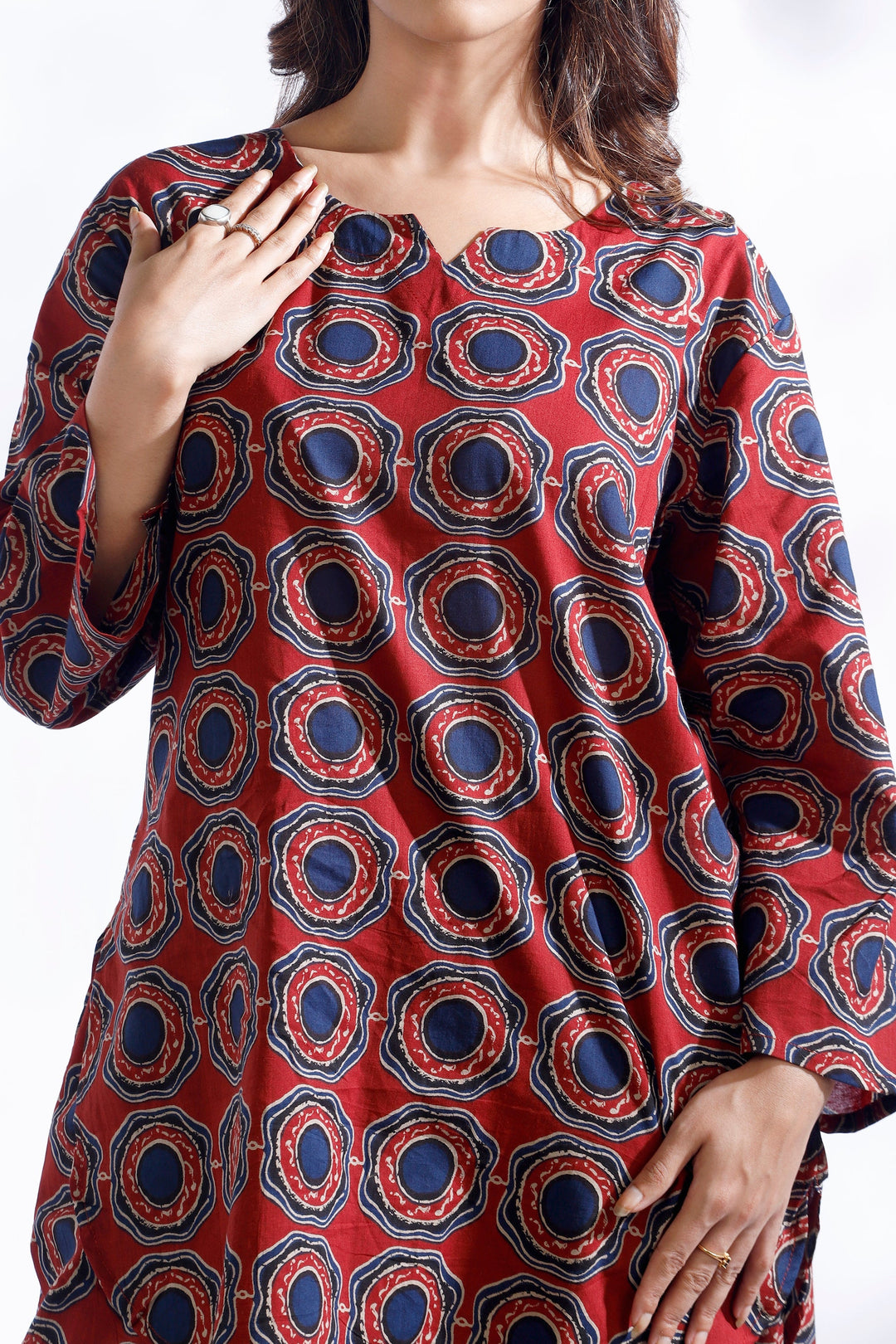 Hibiscus Red Cotton Abstract Print Loungewear Co-ord Set | SHOBITAM