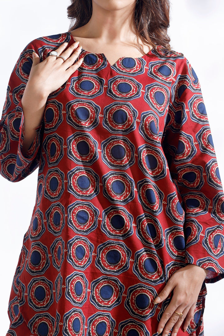 Hibiscus Red Cotton Abstract Print Loungewear Co-ord Set | SHOBITAM