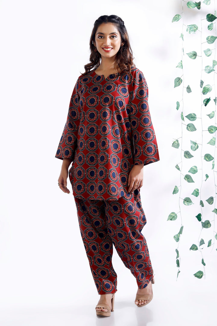 Hibiscus Red Cotton Abstract Print Loungewear Co-ord Set | SHOBITAM