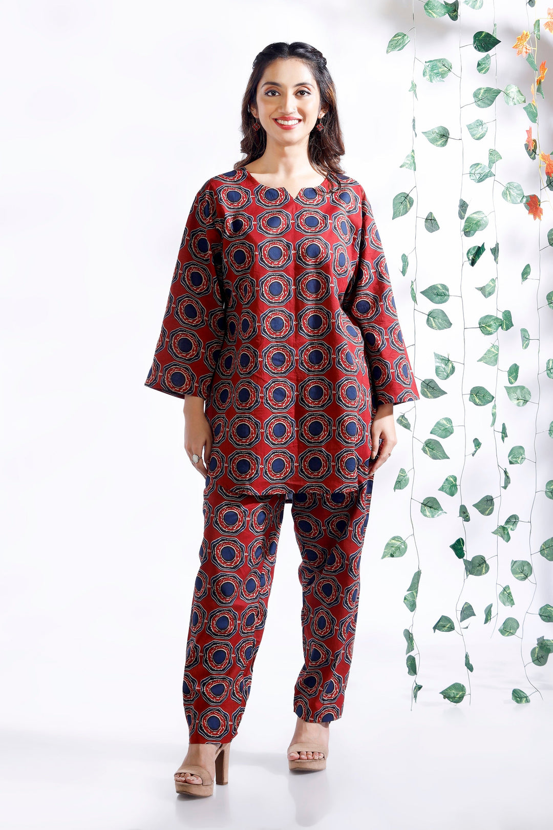 Hibiscus Red Cotton Abstract Print Loungewear Co-ord Set | SHOBITAM