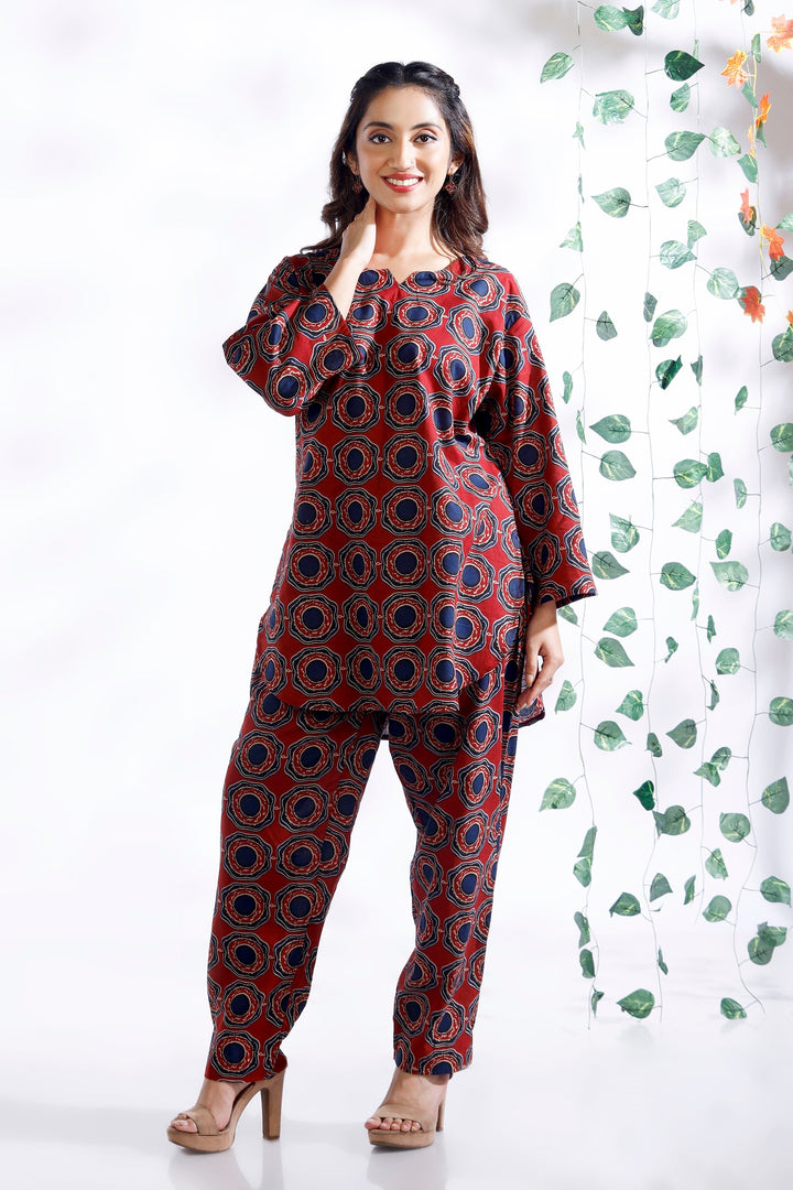 Hibiscus Red Cotton Abstract Print Loungewear Co-ord Set | SHOBITAM