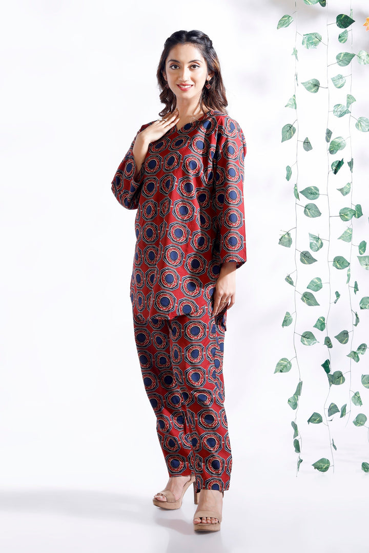Hibiscus Red Cotton Abstract Print Loungewear Co-ord Set | SHOBITAM