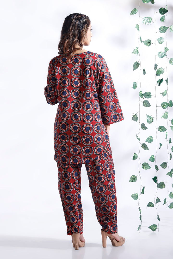 Hibiscus Red Cotton Abstract Print Loungewear Co-ord Set | SHOBITAM