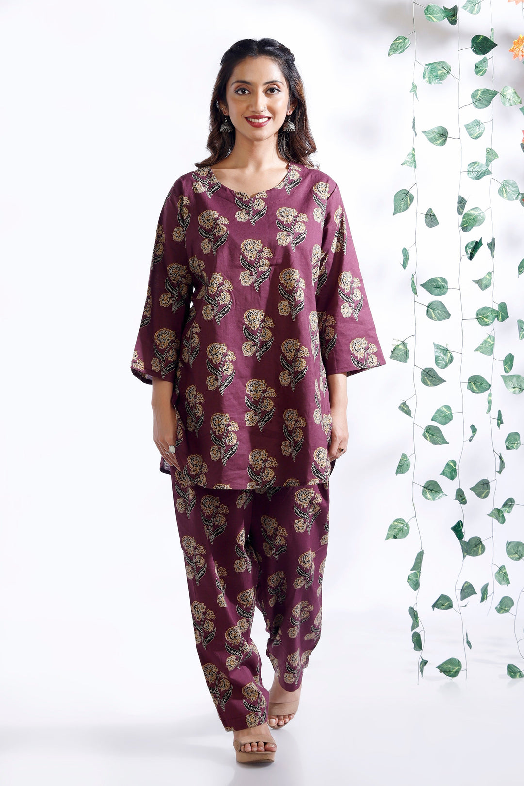 Aarya Wine Ethnic Butta Print Cotton Printed Co-ord Set | SHOBITAM