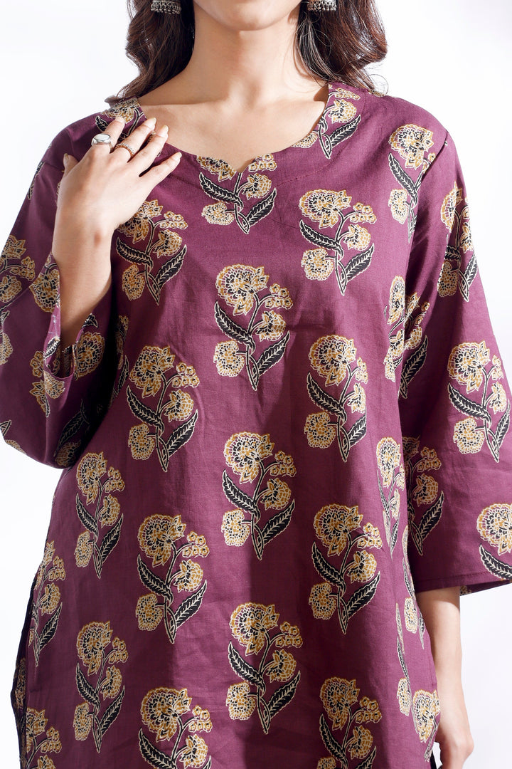 Aarya Wine Ethnic Butta Print Cotton Printed Co-ord Set | SHOBITAM