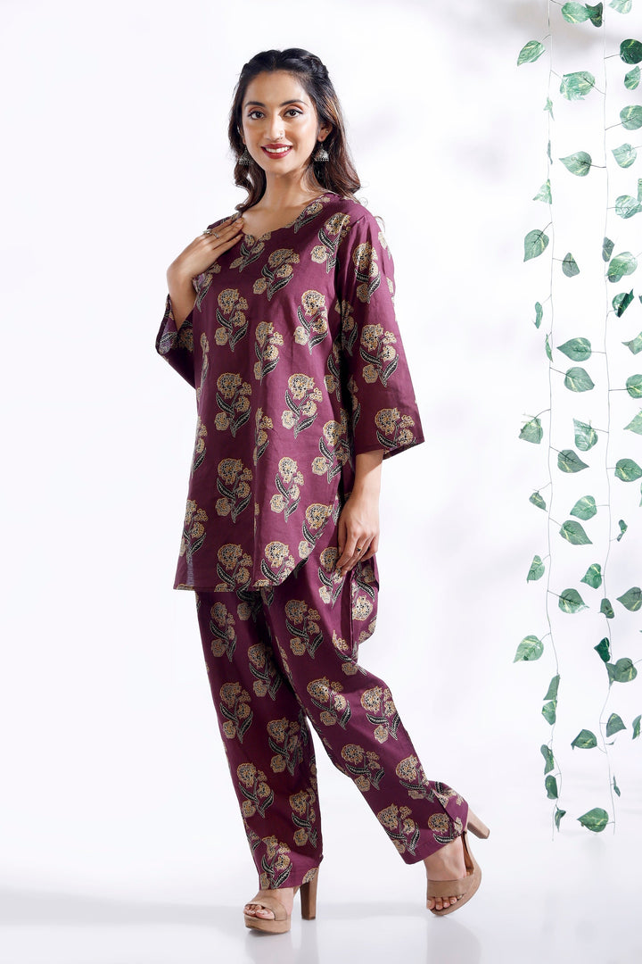 Aarya Wine Ethnic Butta Print Cotton Printed Co-ord Set | SHOBITAM