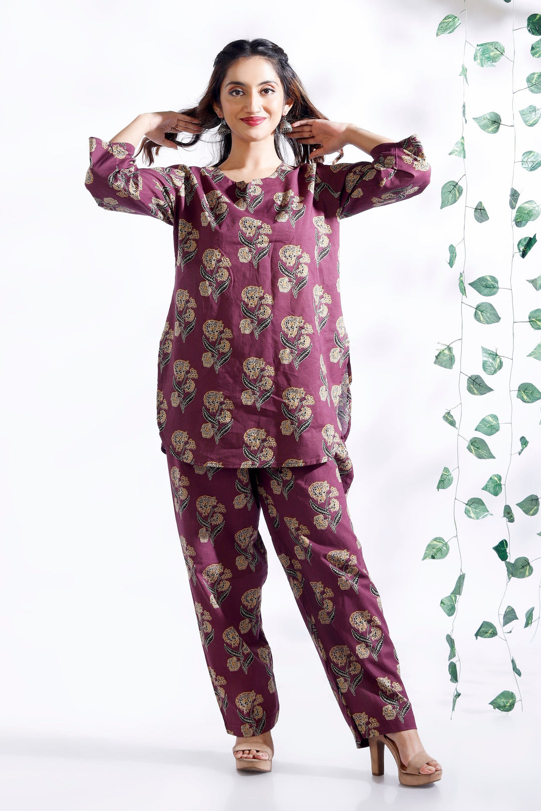 Aarya Wine Ethnic Butta Print Cotton Printed Co-ord Set | SHOBITAM
