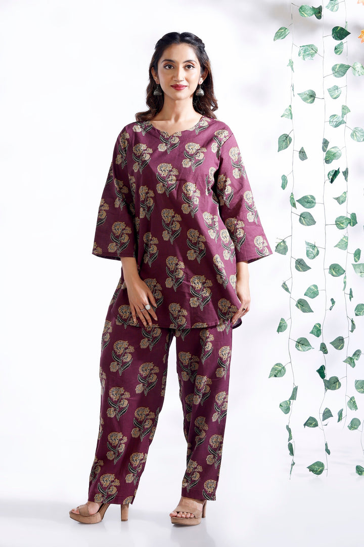 Aarya Wine Ethnic Butta Print Cotton Printed Co-ord Set | SHOBITAM