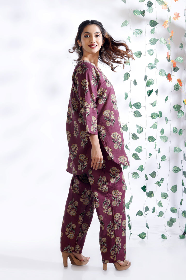 Aarya Wine Ethnic Butta Print Cotton Printed Co-ord Set | SHOBITAM