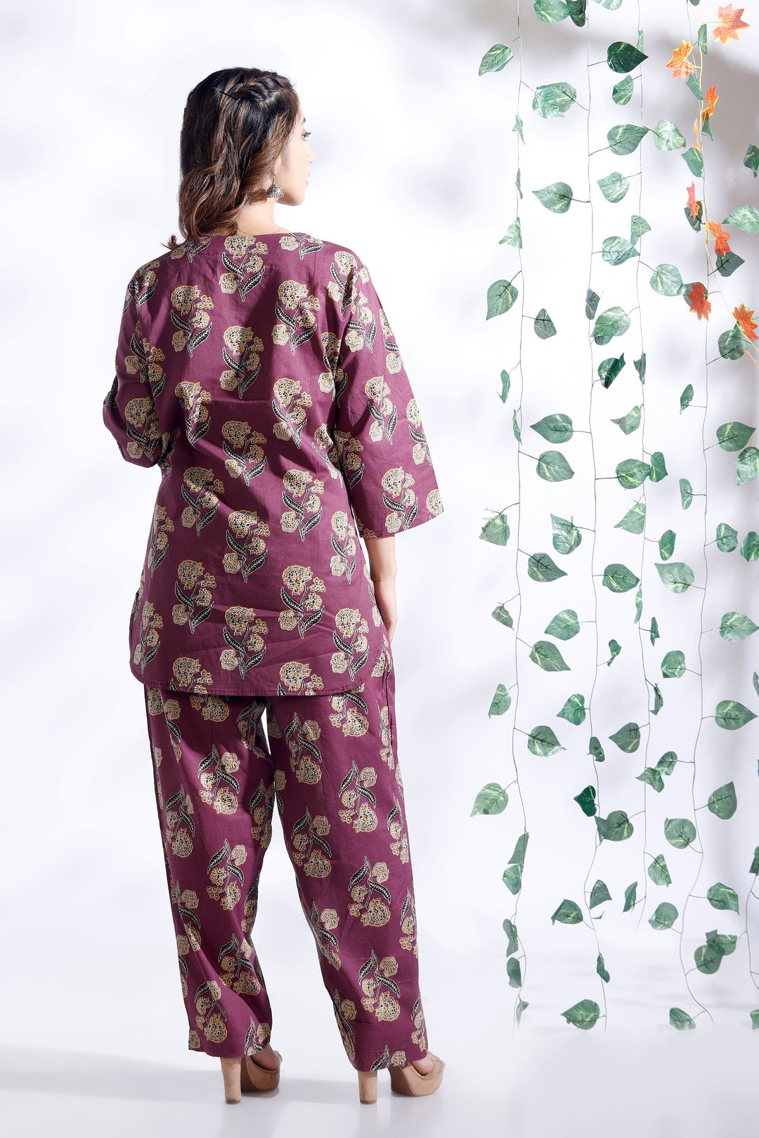 Aarya Wine Ethnic Butta Print Cotton Printed Co-ord Set | SHOBITAM