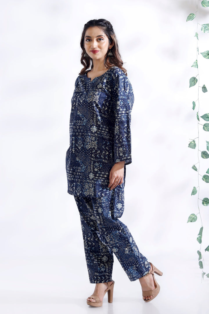 River Blue Abstract Print Cotton Co-ord Set | SHOBITAM