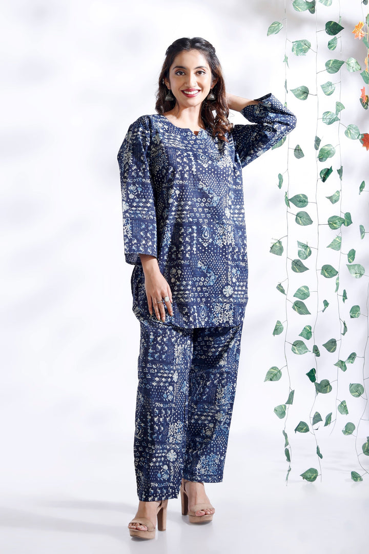 River Blue Abstract Print Cotton Co-ord Set | SHOBITAM