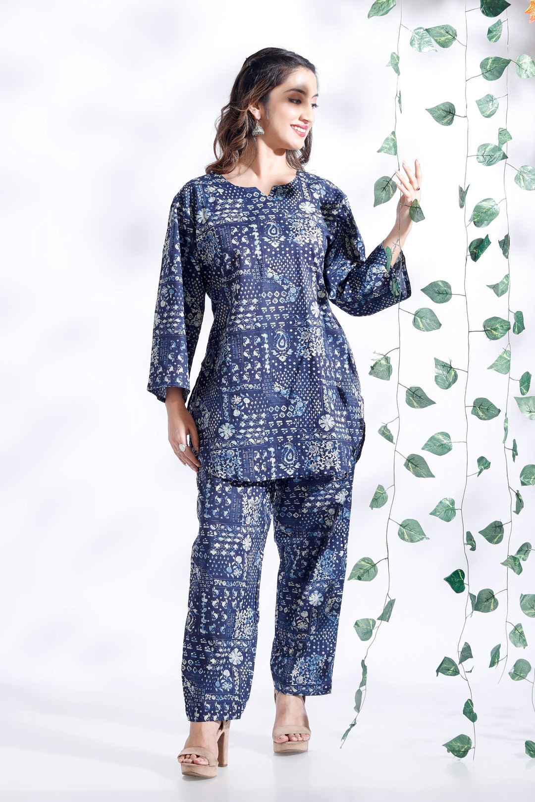 River Blue Abstract Print Cotton Co-ord Set | SHOBITAM