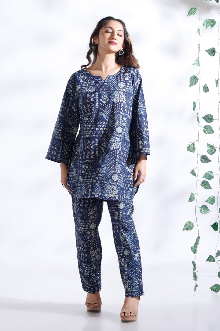 River Blue Abstract Print Cotton Co-ord Set | SHOBITAM