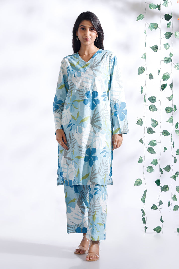 Patjhad Blue Floral Print Cotton Long Kurta Co-ord Set | SHOBITAM