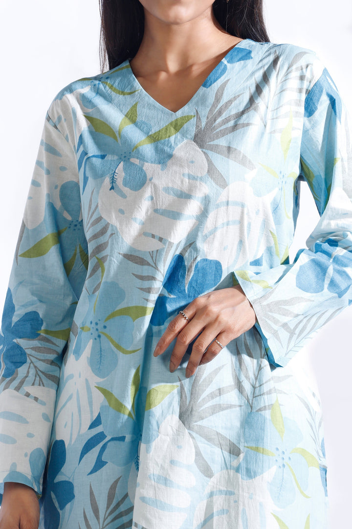 Patjhad Blue Floral Print Cotton Long Kurta Co-ord Set | SHOBITAM