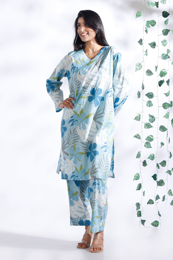 Patjhad Blue Floral Print Cotton Long Kurta Co-ord Set | SHOBITAM