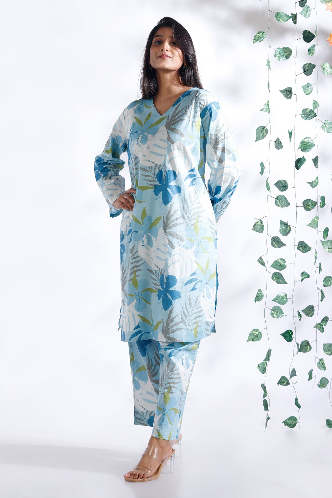 Patjhad Blue Floral Print Cotton Long Kurta Co-ord Set | SHOBITAM