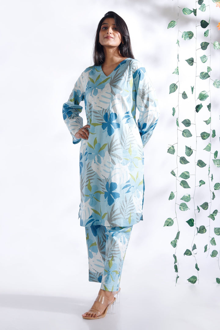 Patjhad Blue Floral Print Cotton Long Kurta Co-ord Set | SHOBITAM