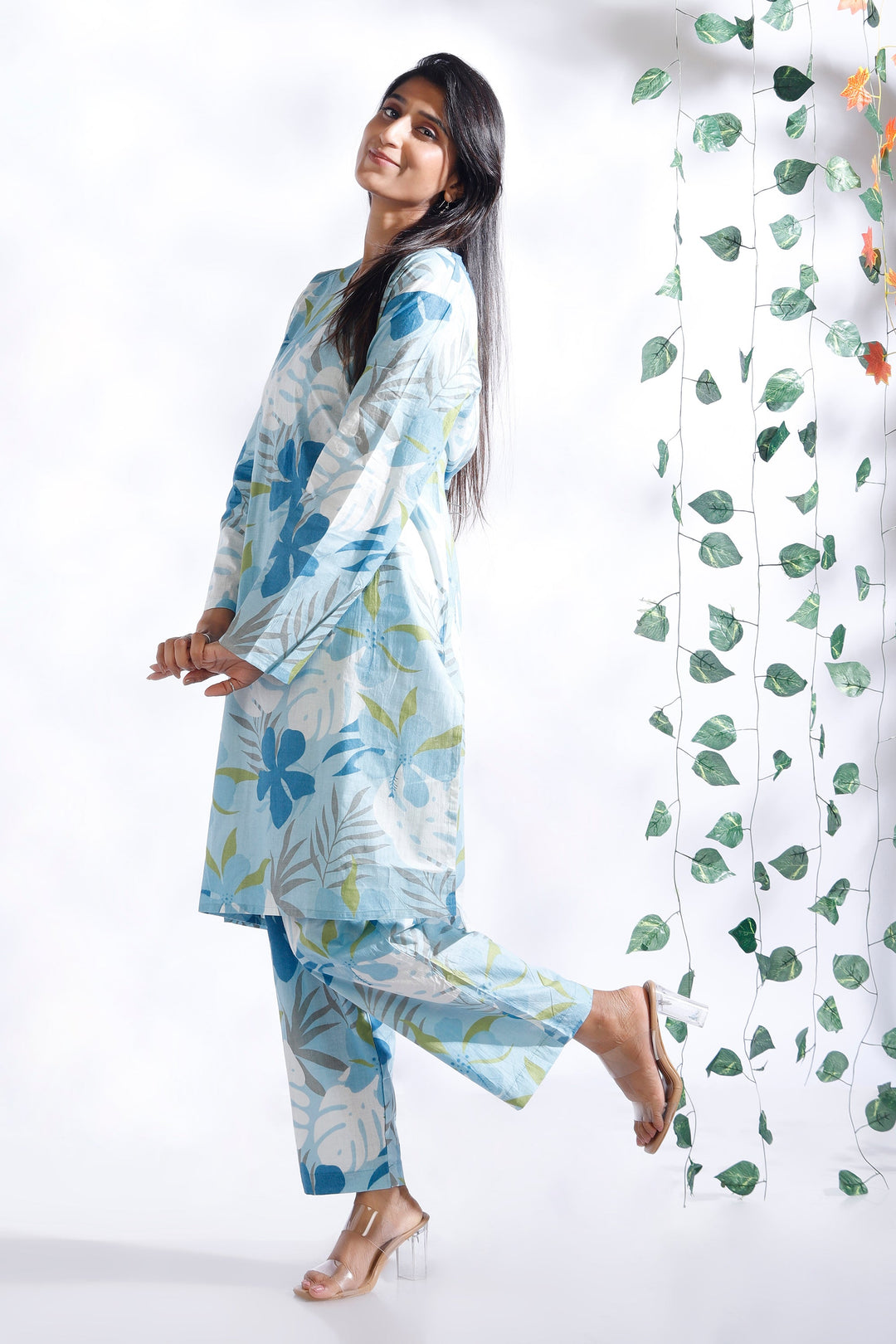 Patjhad Blue Floral Print Cotton Long Kurta Co-ord Set | SHOBITAM