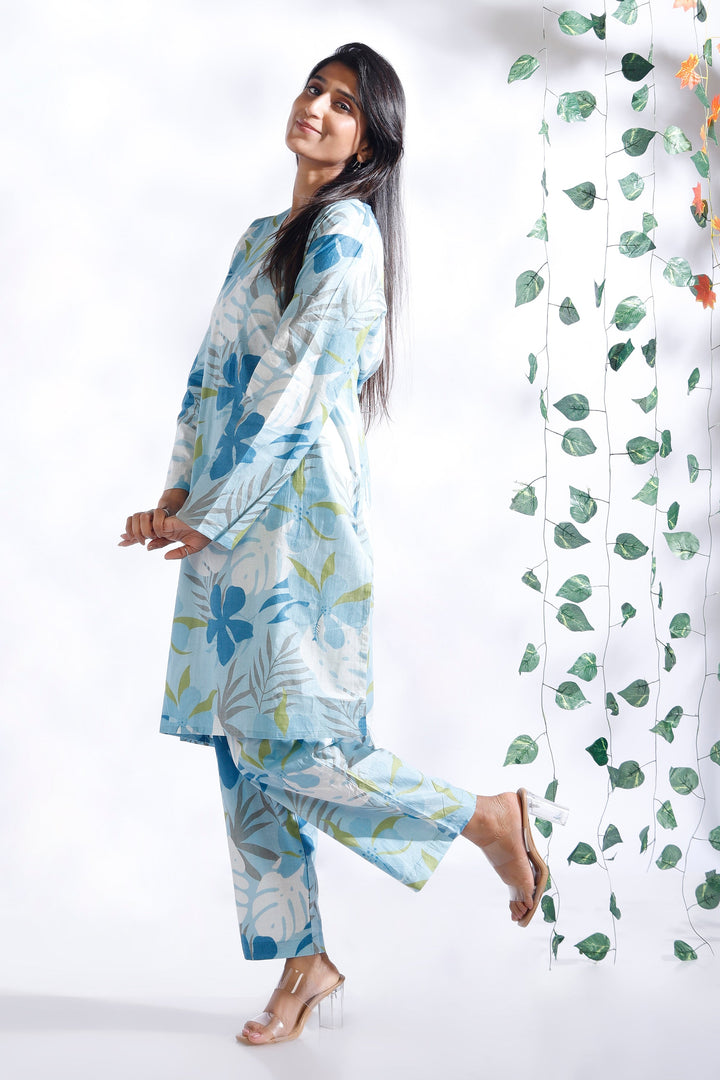 Patjhad Blue Floral Print Cotton Long Kurta Co-ord Set | SHOBITAM