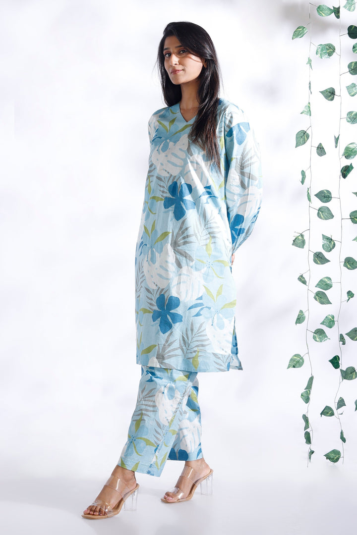Patjhad Blue Floral Print Cotton Long Kurta Co-ord Set | SHOBITAM