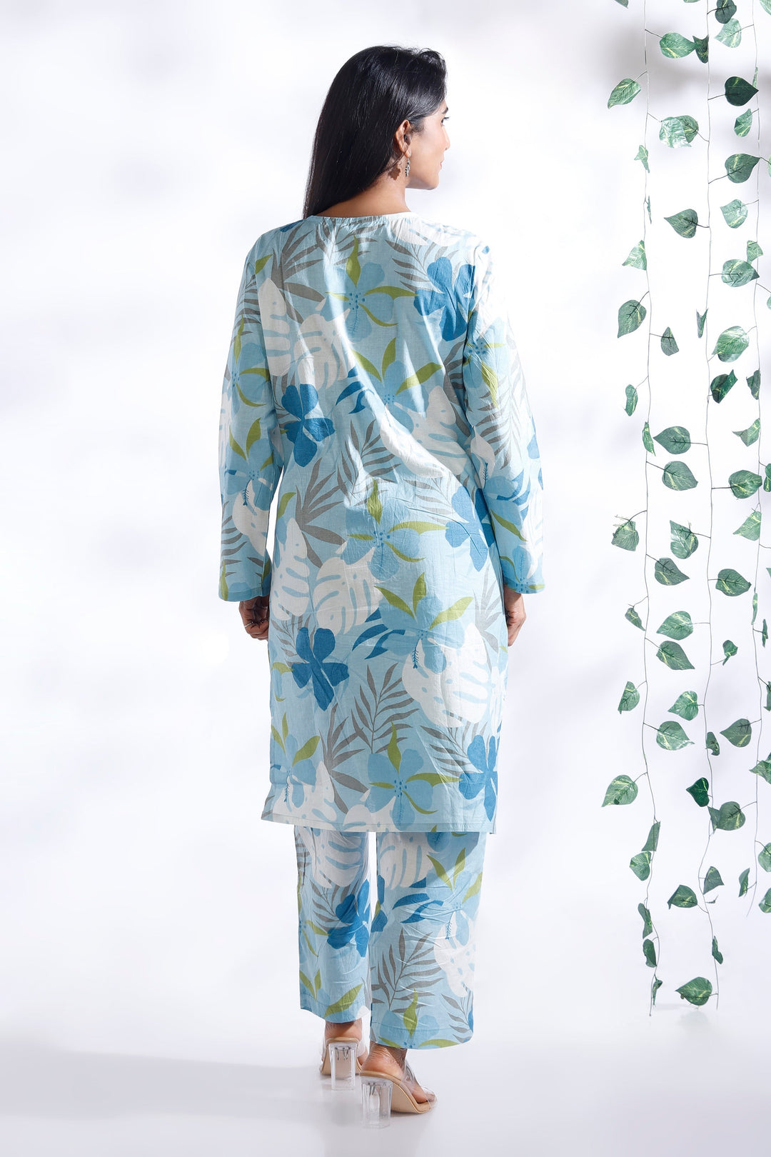 Patjhad Blue Floral Print Cotton Long Kurta Co-ord Set | SHOBITAM