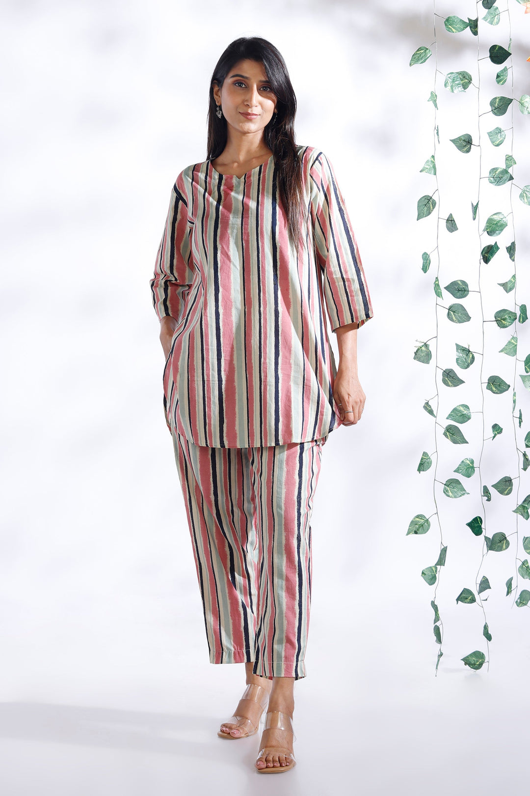 Gulabi Stripes Loungewear Co-ord Set | SHOBITAM
