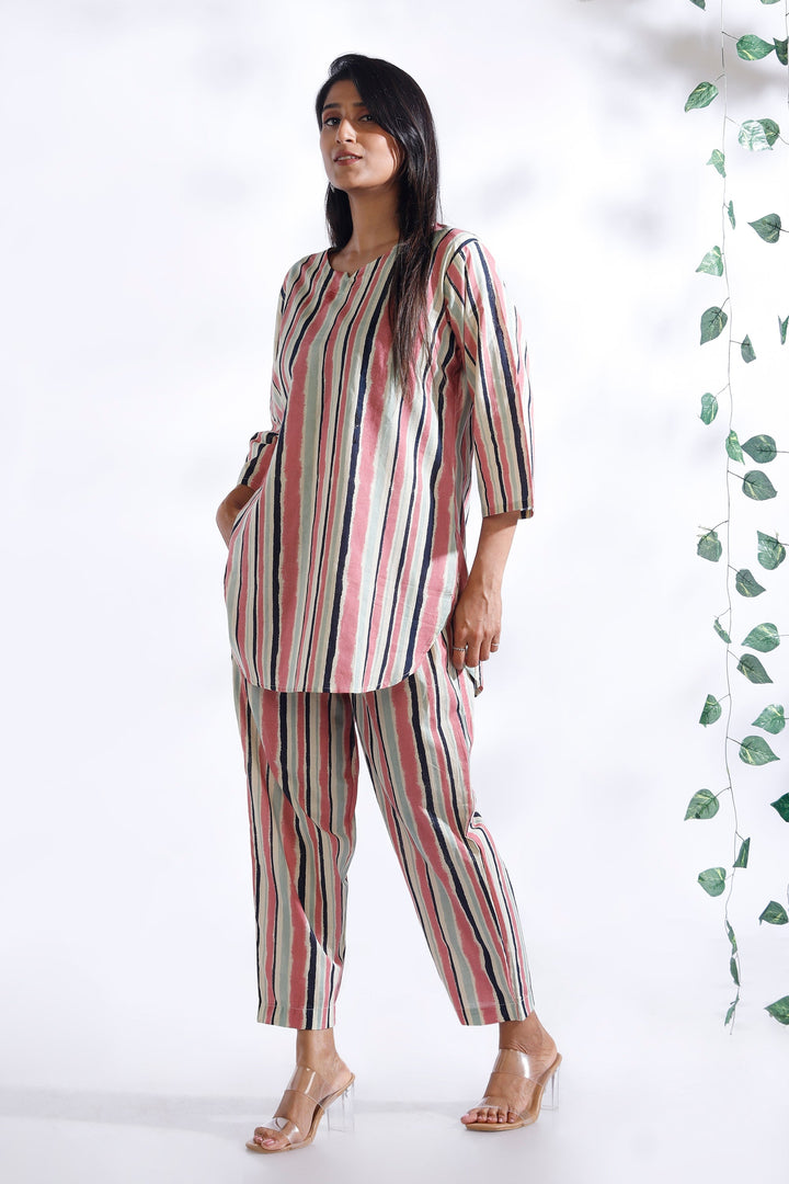 Gulabi Stripes Loungewear Co-ord Set | SHOBITAM