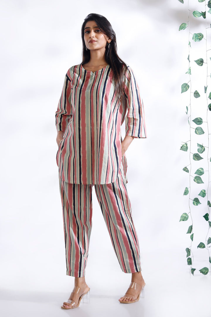 Gulabi Stripes Loungewear Co-ord Set | SHOBITAM