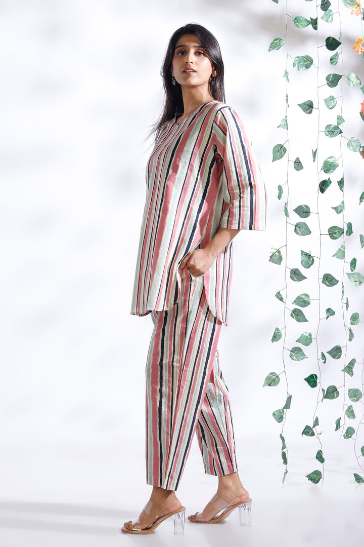 Gulabi Stripes Loungewear Co-ord Set | SHOBITAM