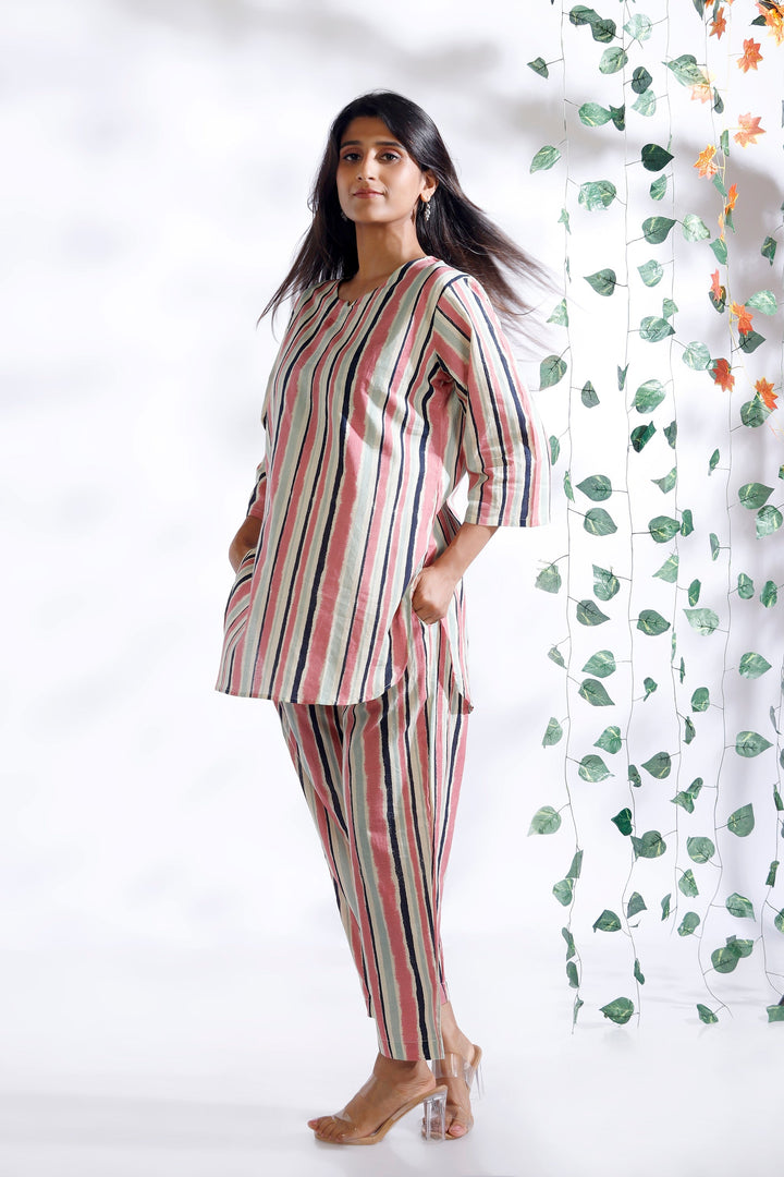 Gulabi Stripes Loungewear Co-ord Set | SHOBITAM