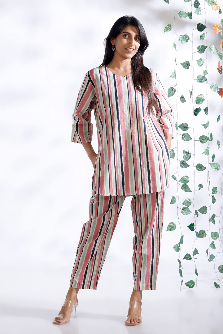 Gulabi Stripes Loungewear Co-ord Set | SHOBITAM