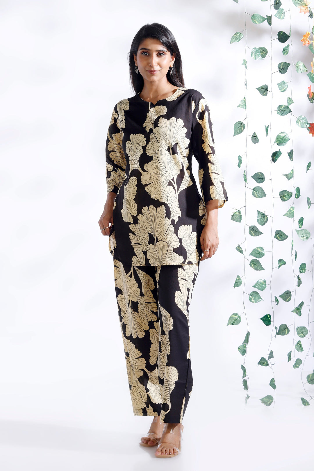 Bahara Black Floral Cotton Loungewear Co-Ord Set | SHOBITAM