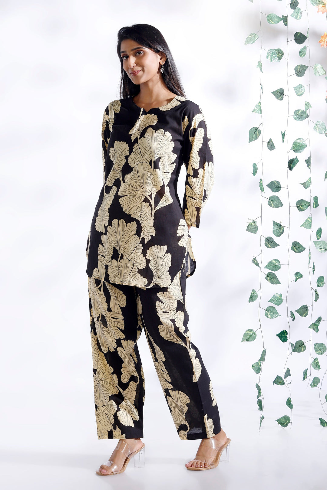 Bahara Black Floral Cotton Loungewear Co-Ord Set | SHOBITAM