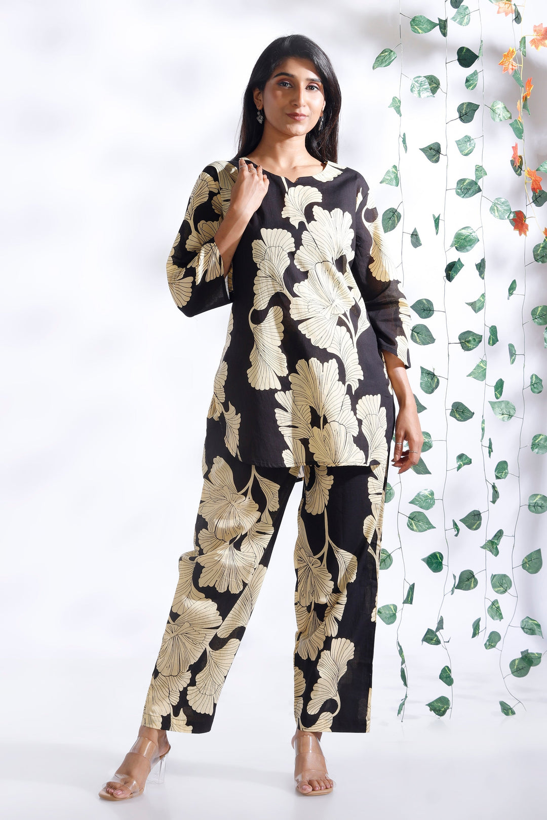 Bahara Black Floral Cotton Loungewear Co-Ord Set | SHOBITAM