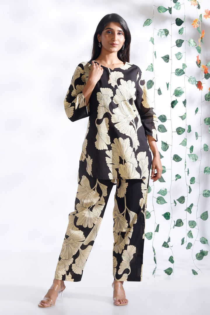 Bahara Black Floral Cotton Loungewear Co-Ord Set | SHOBITAM