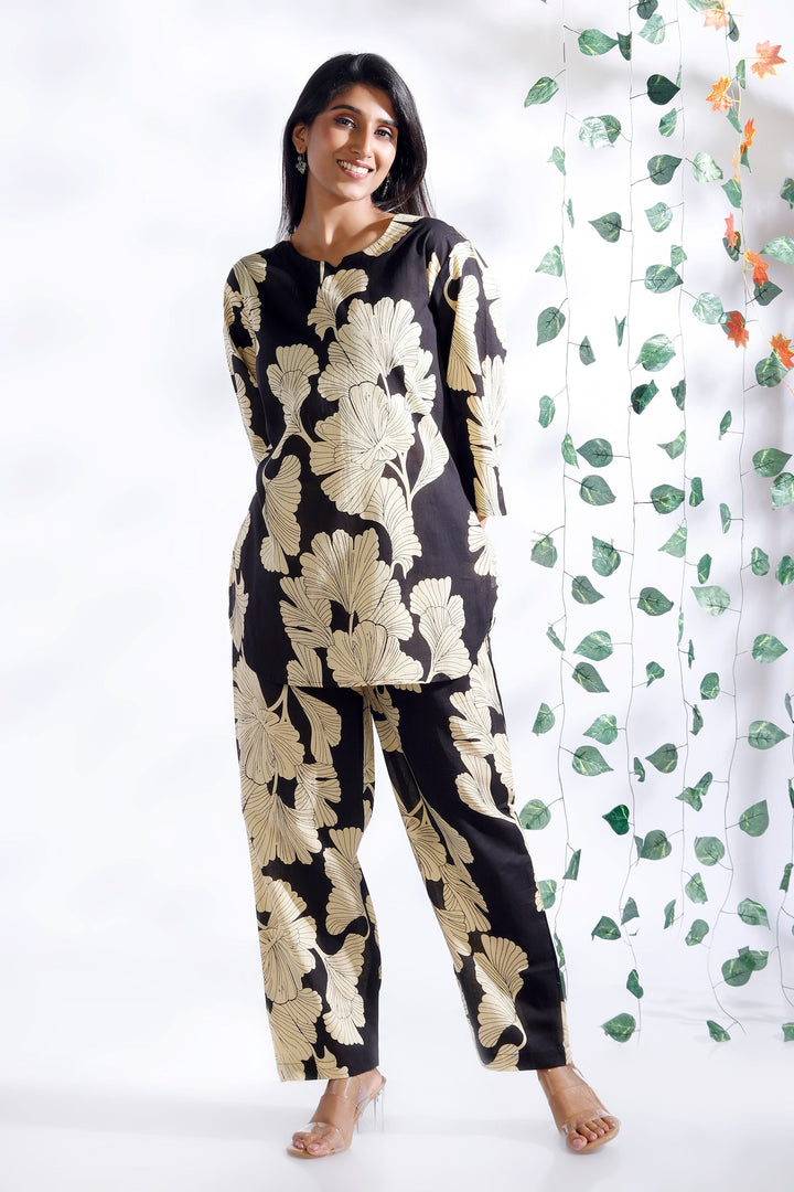Bahara Black Floral Cotton Loungewear Co-Ord Set | SHOBITAM