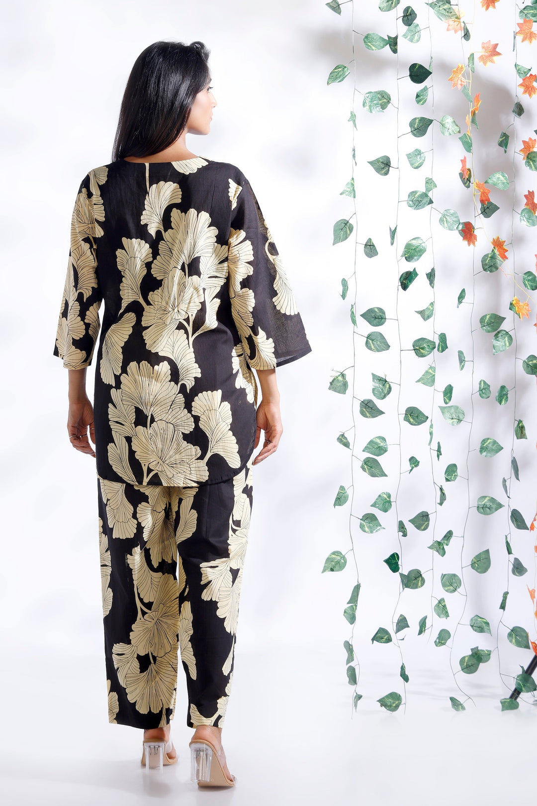 Bahara Black Floral Cotton Loungewear Co-Ord Set | SHOBITAM