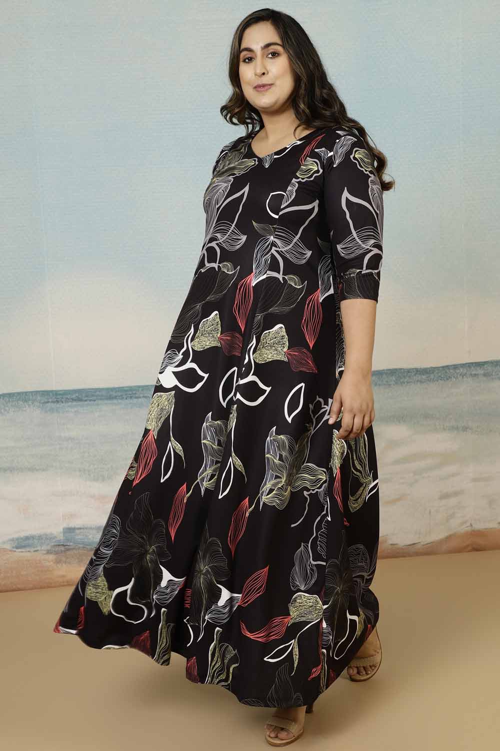 Black Floral Plus Size Dress in Polyester Spandex Fabric for Women | Made to Order