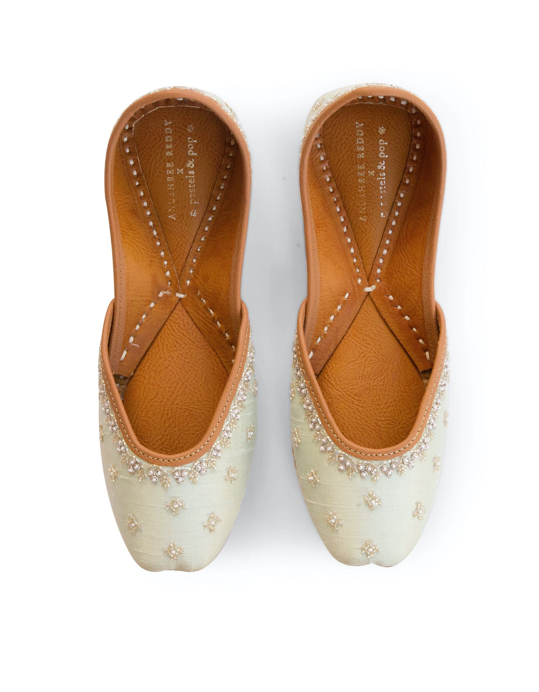KIARA : Pastels and Pop X Anushree Reddy Pastel Mint Green Embellished Punjabi Juttis