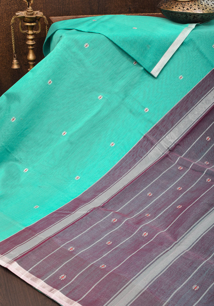 Handwoven Maheshwari Silk Cotton Saree  in Teal with minimal zari borders| Sarees By Shobitam
